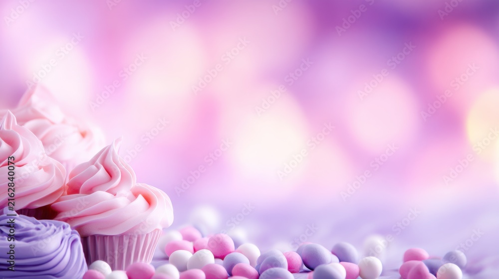 Obraz premium Colorful cupcakes with swirls of pink frosting surrounded by pastel candies on a soft purple background