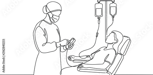 Healthcare nurse checking infusion device controller while female patient receives intravenous fluid treatment in hospital vector