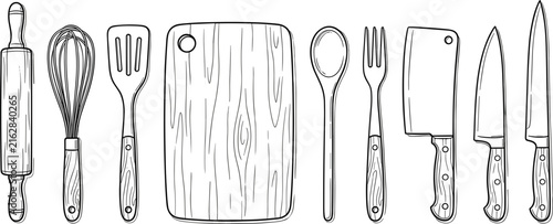 Set of kitchen utensils including rolling pin whisk spatula wooden cutting board knives and chef cleaver vector illustration