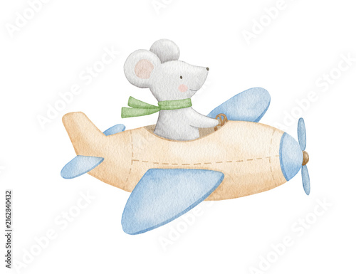 Cartoon pilot mouse character in airplane. Watercolor baby mascot for children illustrations, or vintage style nursery artwork.