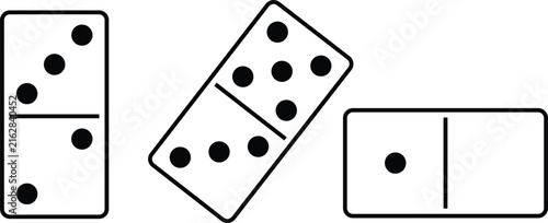 Three classic domino game pieces arranged in different angles showing dots and black borders vector graphic illustration