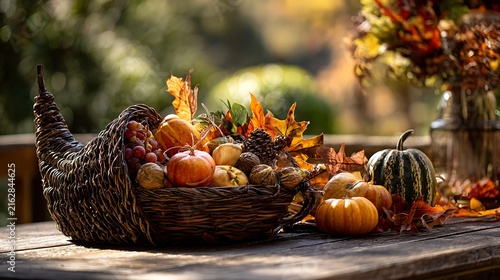 Autumn Still Life with Colorful Fall Leaves, Pumpkins, Fresh Vegetables, Flowers and Seasonal Spices on a Rustic Table for Natural Holiday Decoration