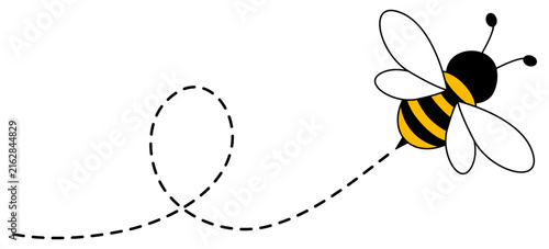 Cute flying bee with dotted flight path. Buzzing bumblebee. Vector illustration isolated on white.