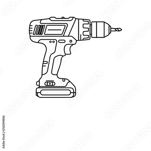 Black and white cordless electric drill vector illustration for construction and DIY tools