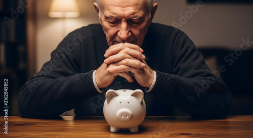 Thoughtful Elderly Man Sitting at a Wooden Table Reflecting on Personal Financial Savings and Retirement Planning with a Piggy Bank