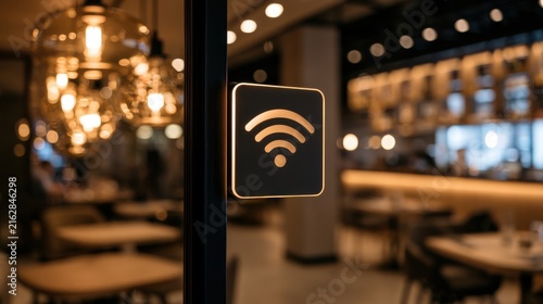 Cozy cafe interior featuring a prominently displayed Wi-Fi symbol on an elegant sign, with warm lighting and inviting ambiance for remote workers and social gatherings