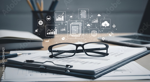 Professional Workspace Setting Featuring Business Analysis Documents and Glasses with Digital Data Icons Floating for Corporate Strategic Planning