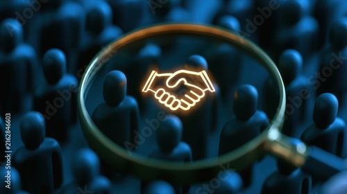 Handshake Symbol Magnified Above Crowd Representing Business Negotiation, Partnership, Trust, Teamwork, and Collaboration in a Modern Context