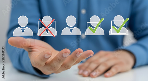 Human Resource Management Concept Featuring Candidate Selection Assessment Icons Over A Businessman Hand For Recruitment Process Evaluation
