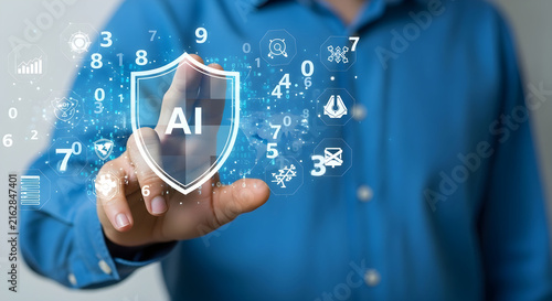 Person using a glowing virtual shield icon to represent secure artificial intelligence technology for digital data protection and cybersecurity