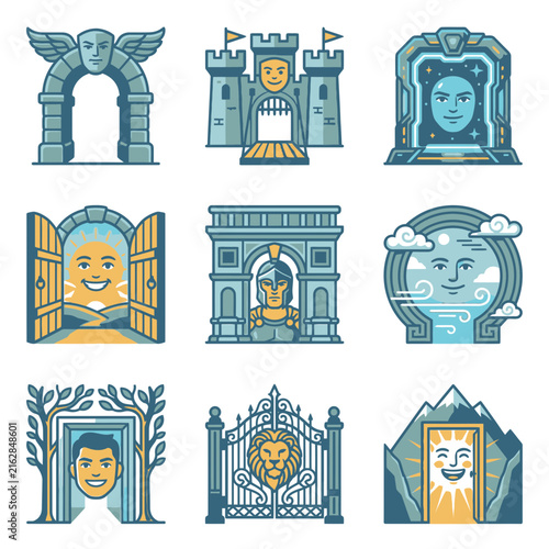 Architectural portal and magical fantasy gateway icon collection.
