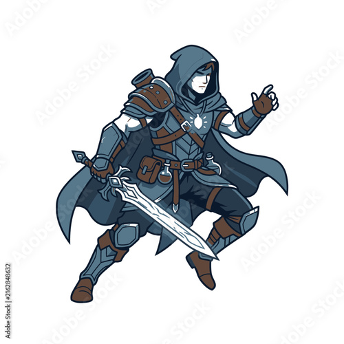 Armored fantasy assassin with large sword in action pose.