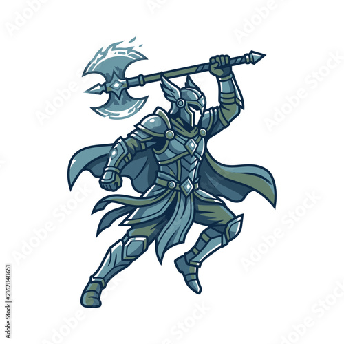 Armored knight leaping with massive axe