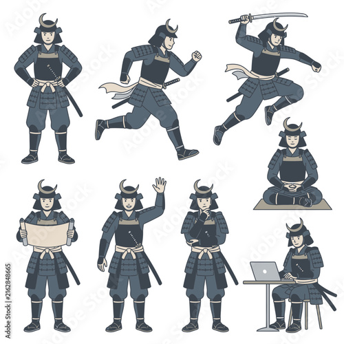 Armored samurai warrior character poses and action set.