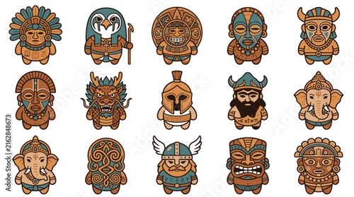 Array of colorful tiki masks and tribal totems.