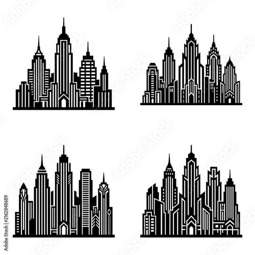 Art Deco style urban city skyscraper illustrations.