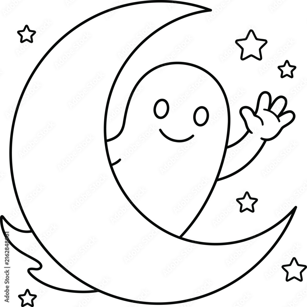 Obraz premium Cute little ghost waving hand while sitting on a crescent moon with stars for coloring page