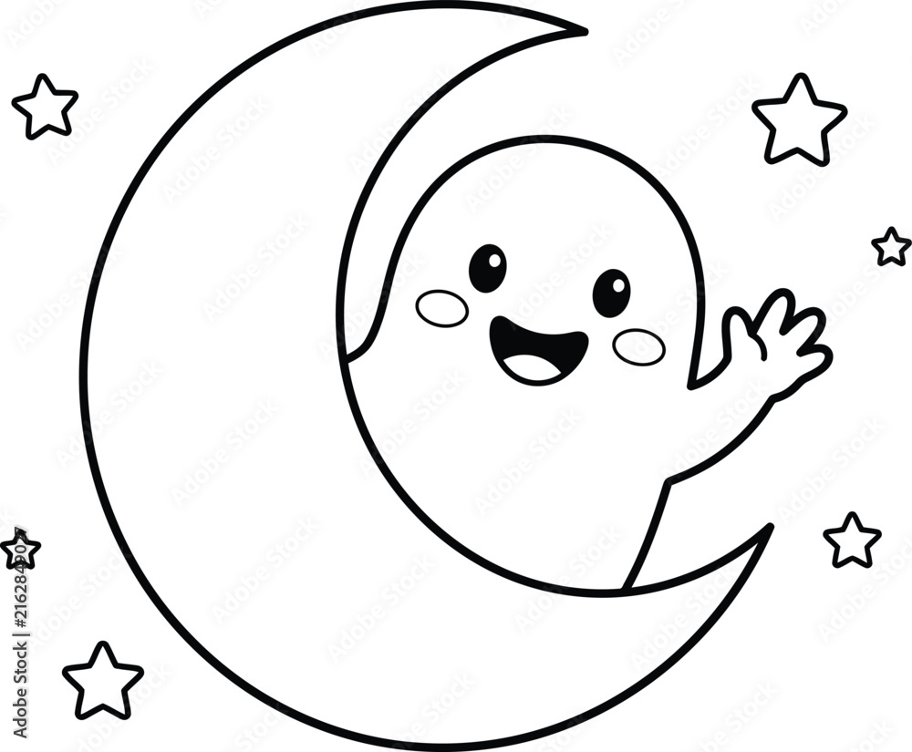 Obraz premium Cute happy little ghost sitting on a crescent moon with stars for children coloring page