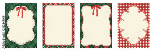 Whimsical coquette Christmas frame collection with red ribbons and festive line art borders. for holiday greeting card, party invitation, and gift tag design vector.