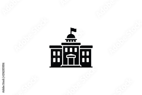 Black government building icon with dome and flag symbol representing school university courthouse or city hall architecture.