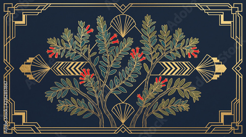 Elegant art deco botanical illustration featuring golden geometric frames and vibrant red flowering plant branches centered