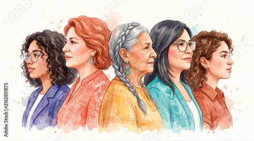 Watercolor portrait depicts diverse Latina women across generations, representing Hispanic community, cultural heritage, and modern lifestyle. Emphasizes inclusion and strong communal bonds.