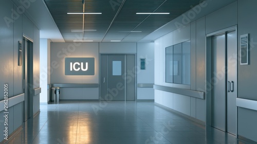 Modern hospital interior hallway with ICU sign illuminated and empty space highlighting clean design and clinical environment suitable for healthcare setting