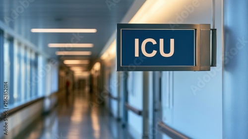 Modern hospital corridor with clear sign indicating Intensive Care Unit, bright lighting, and clean architectural design creating a calming atmosphere