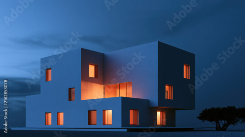 Modern minimalist white house glowing at dusk with illuminated windows  