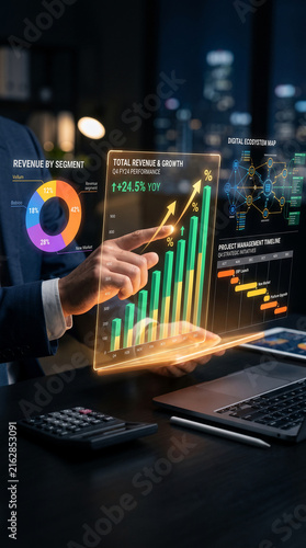 Financial data analysis with interactive charts and graphs, showcasing business growth and project timelines, representing strategic planning and success.