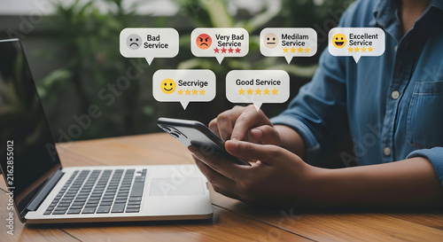 Person evaluating digital customer experience feedback by providing online star ratings and service quality reviews on a mobile smartphone device