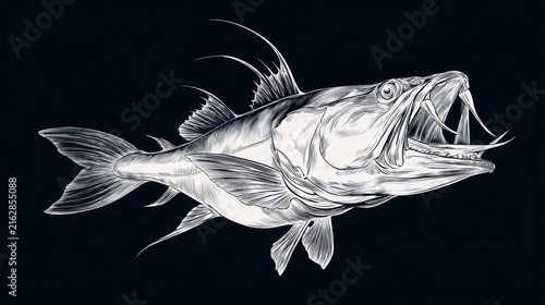 Detailed Illustration of a Fish with Sharp Teeth and Flowing Fins