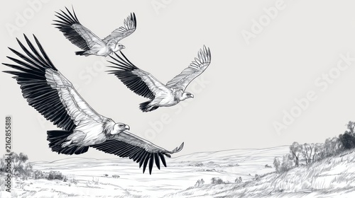 Majestic Birds of Prey in Flight Over Scenic Landscape Illustration