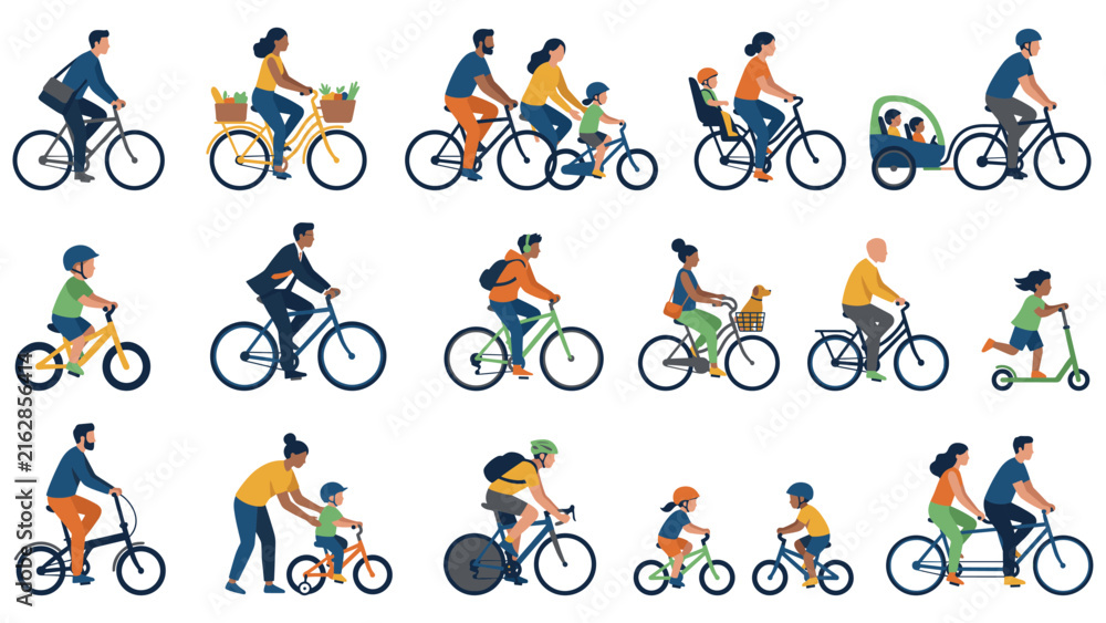 Obraz premium Diverse people riding bicycles and scooters in urban street scene.