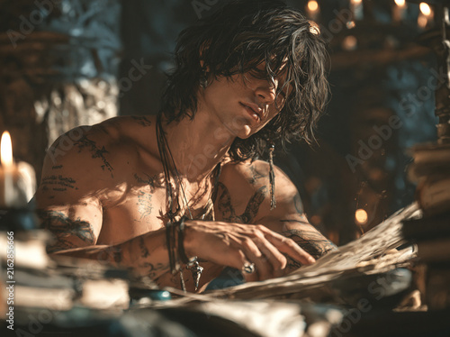 Tattooed Man Reading Parchment by Candlelight