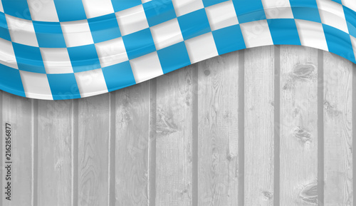 Oktoberfest wooden grunge background with Bavarian blue and white checkered pattern. Vector design