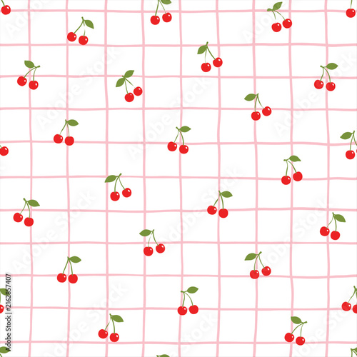 Cute Cherry Grid Seamless Pattern Background