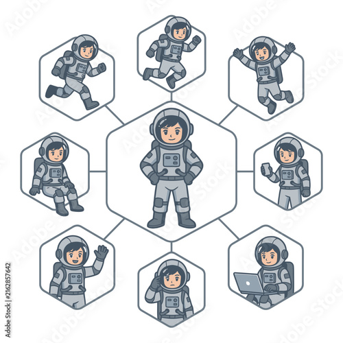 Astronaut character set in various space exploration poses.
