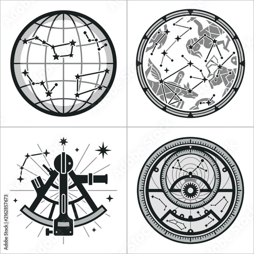 Astronomical navigation and celestial chart icon collection.