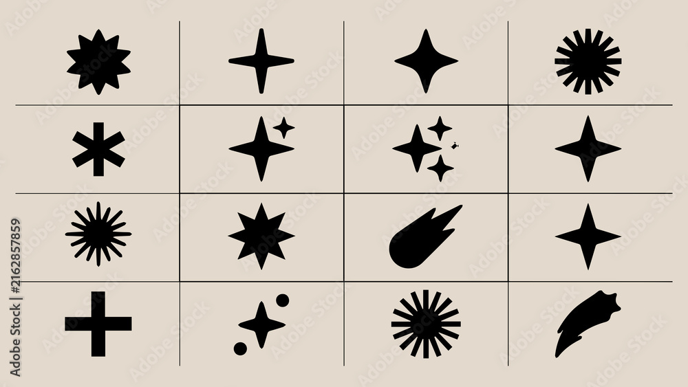 Fototapeta premium Sparkle icons set displaying various black stars, sunbursts, celestial twinkles, glowing flares, and shooting comet shapes arranged neatly in a grid formation.