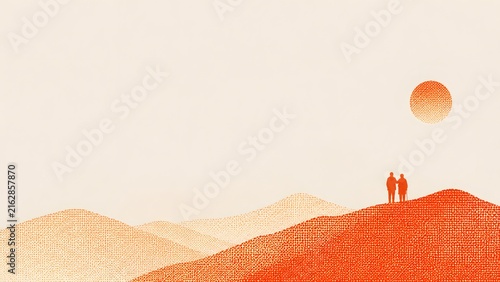 A silhouette of an elderly couple climbing high to gaze into the distance on the Double Ninth Festival
