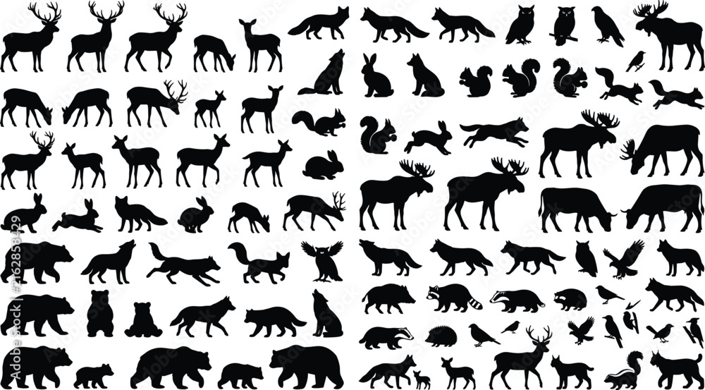 Obraz premium Wild Forest Animal Silhouette Vector Collection with Mammals and Birds Isolated on White