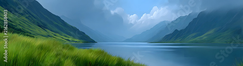 Dramatic clouds over green hills with turquoise lake