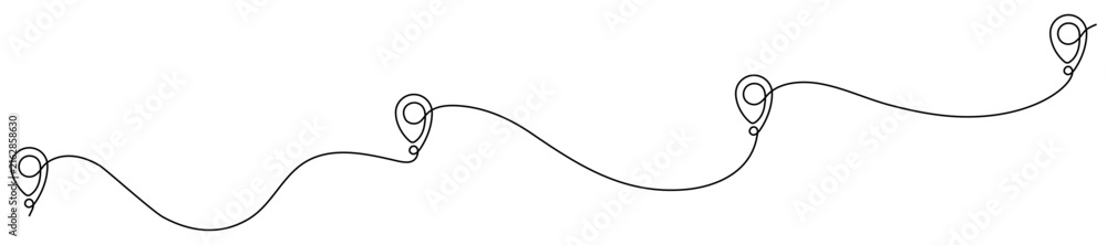 Obraz premium Travel line pin marks. Navigation locator icon with continuous winding route path. Vector illustration isolated on white.