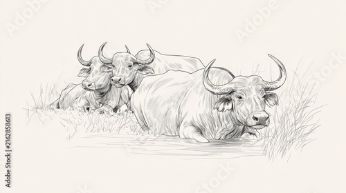 Three Water Buffalos Grazing in Calm Waters with Grassy Surroundings
