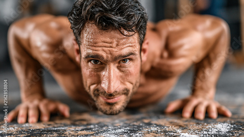 Muscular athlete doing pushups exercising intensely in the gym with muscular