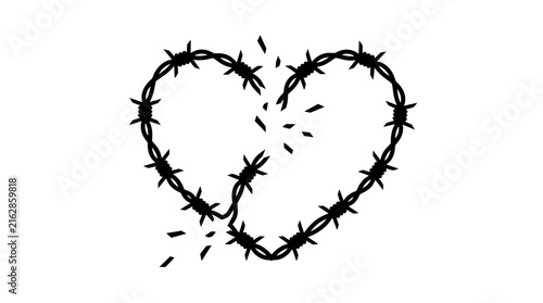 Heart shaped silhouette formed from barbed wire on a white background