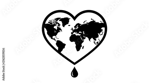 World map inside a heart shape a black silhouette on white
