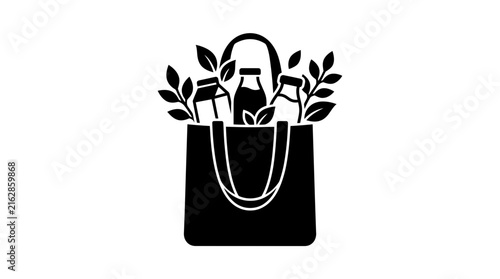 Shopping bag silhouette filled with plants and a glass bottle