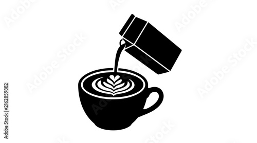 Latte art pouring from a pitcher black silhouette on white background